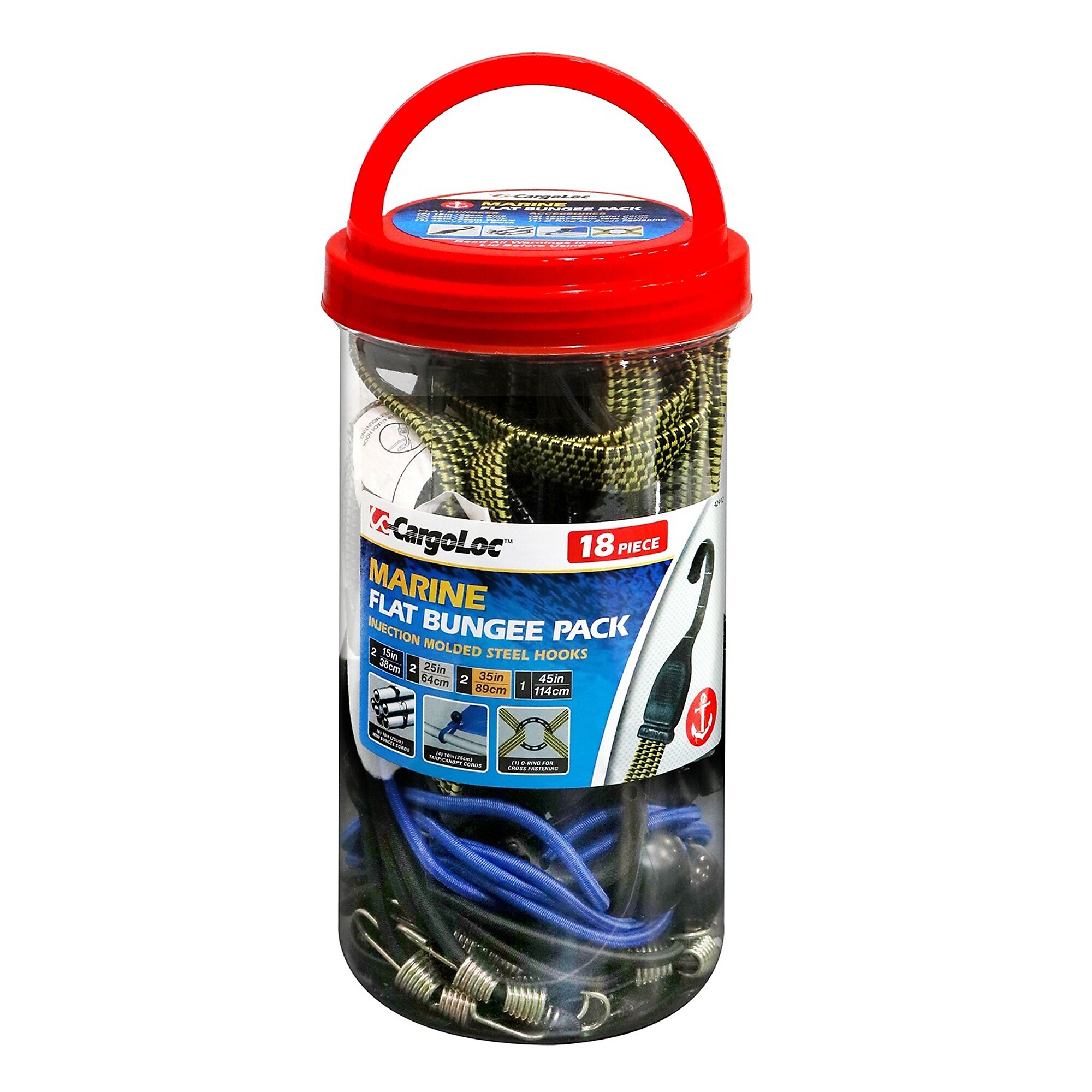 CargoLoc, 18 Pc Marine Flat Bungee Cord Assortment with Plastic Molded Steel Hooks, Model # 42492